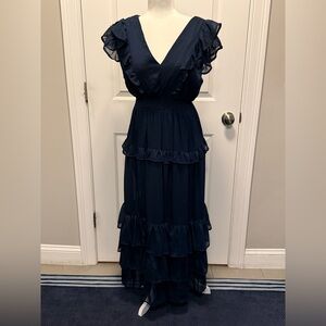 AQUA Elegant Navy metallic Blue Ruffled Maxi Dress